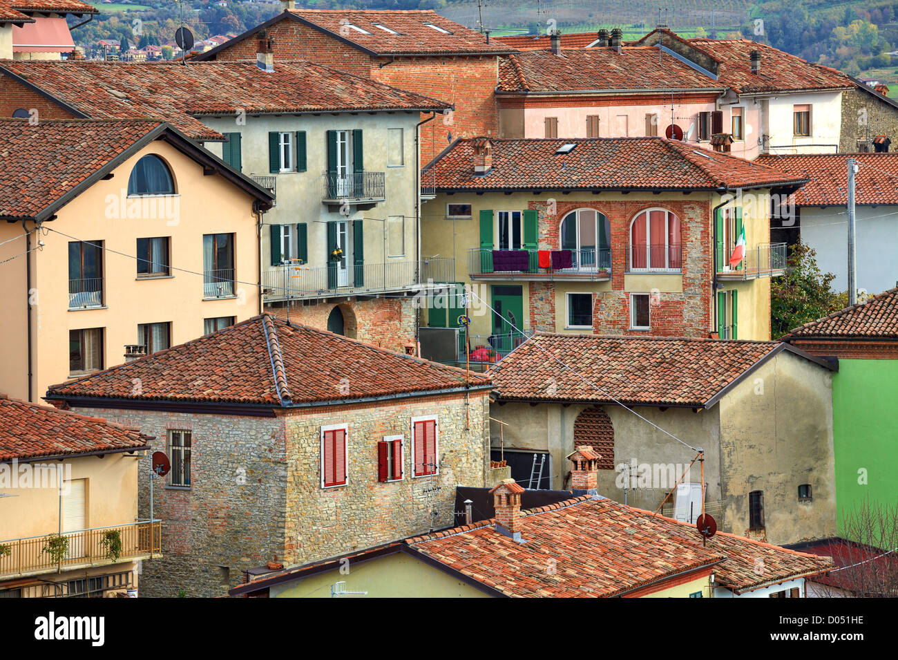 Traditional colorful italian tiled roof houses at town of Diano D'Alba in Piedmont, Northern