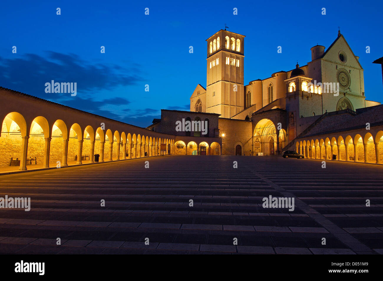 Assisi, Basilica di San Francesco. Basilica of Saint Francis at Dusk. UNESCO World Heritage site. Perugia province. Umbria.Italy Stock Photo