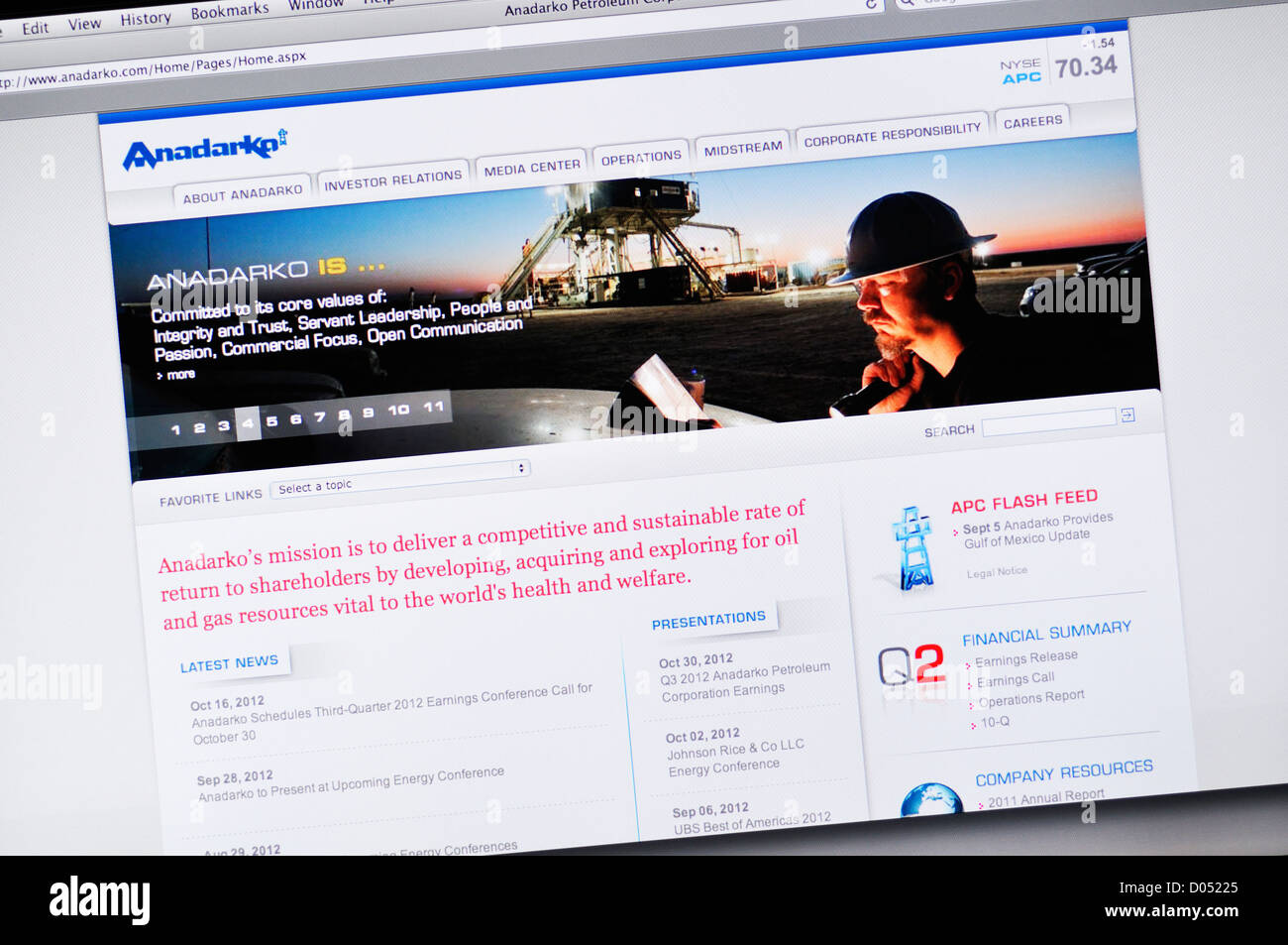 Anadarko Petroleum Corporation website - oil and gas company Stock Photo