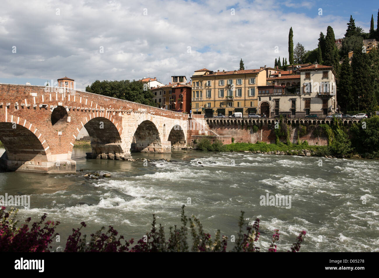 View to Saint Peter bridge and Adige river in Verona, Italy Stock Photo ...