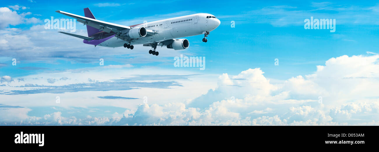 Jet aircraft in flight. Panoramic composition. Stock Photo