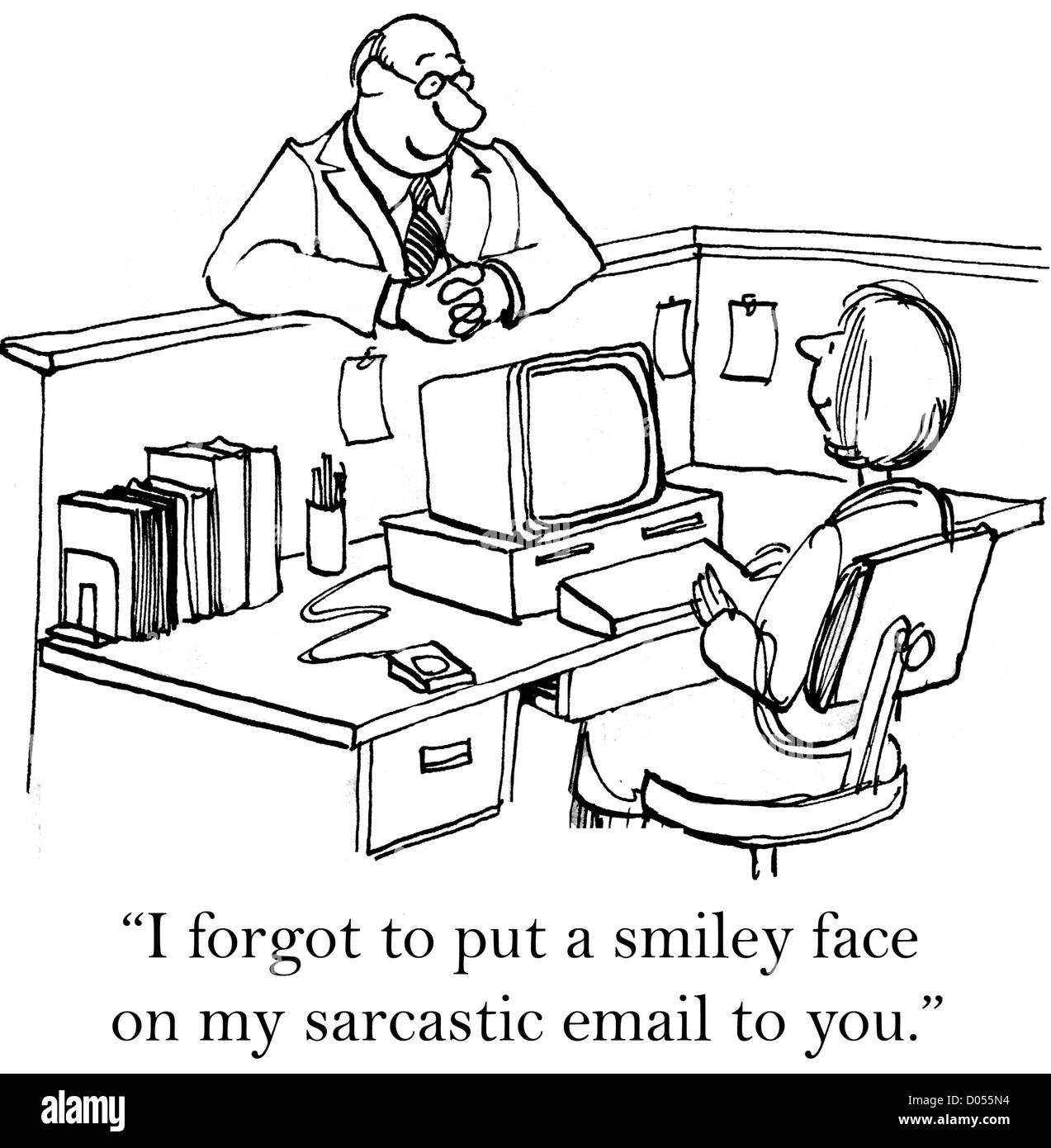 'I forgot to put a smiley face on my sarcastic email to you.' Stock Photo