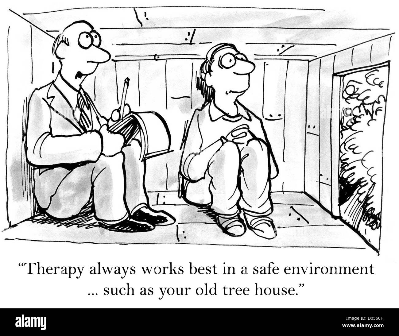'Therapy always works better in a safe environment... such as your old tree house.' Stock Photo