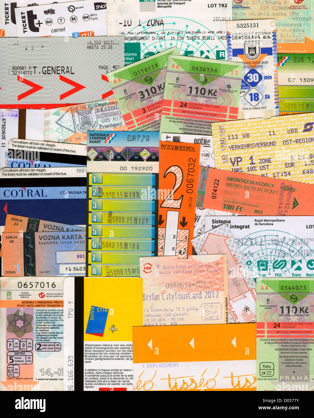 Public transport tickets from European cities (see 'description') Stock Photo