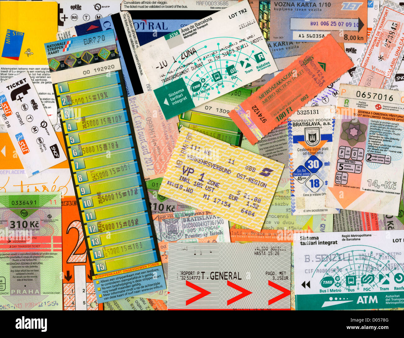 Public transport tickets from European cities (see 'description') Stock Photo