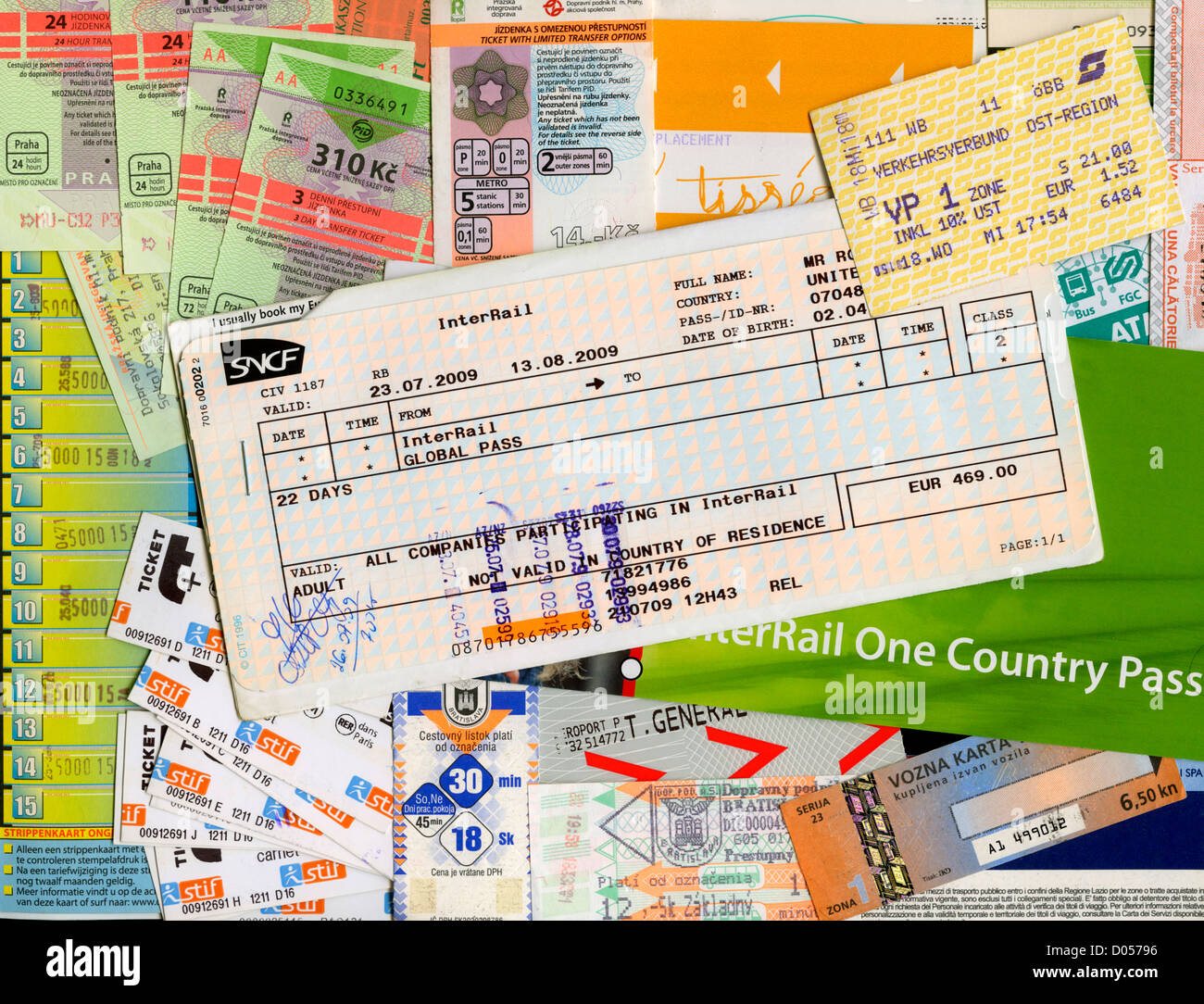 Interrail ticket with public transport tickets from around Europe Stock Photo