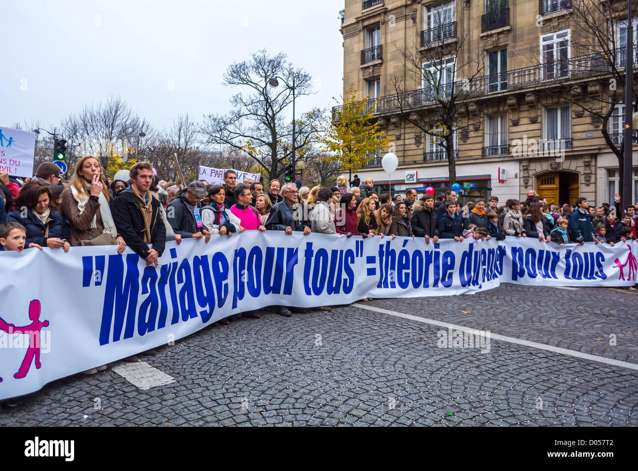 Paris, France, Crowd Seniors holding signs, at Anti-Gay Marriage Protest, by French Catholics Conservatives, people marching on street, conservative protesters holding banner Stock Photo