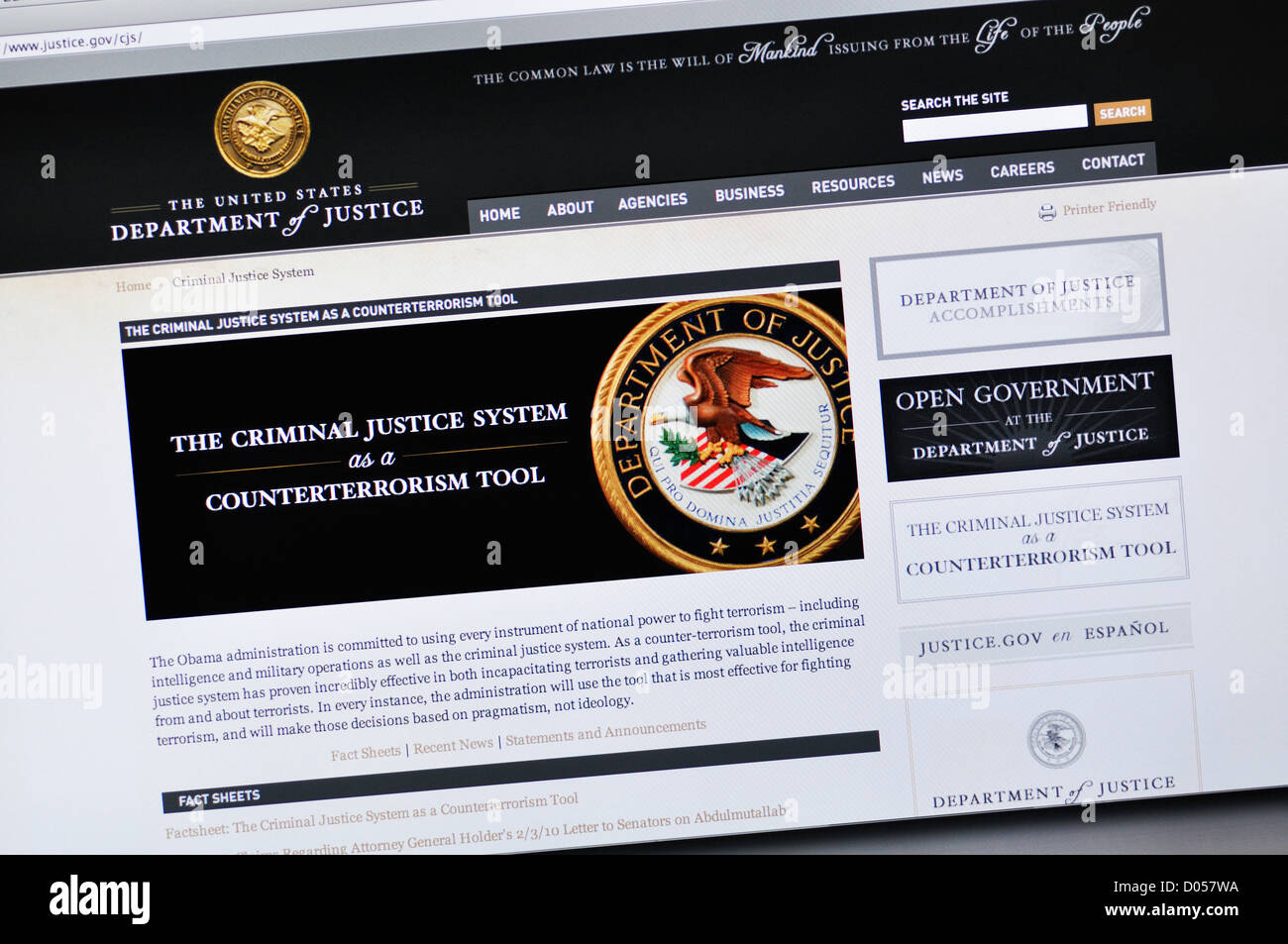 The United States Department of Justice website Stock Photo