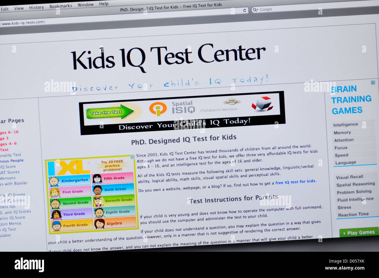 Kids IQ Test Center website Stock Photo