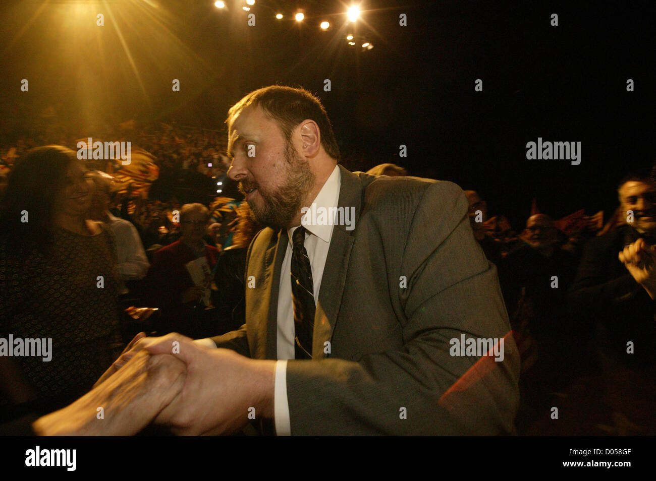 Barcelona, Catalonia, Spain. ERC candidate, Oriol Junqueras, arriving to the central act of electoral campaing at BTM. Credit:  esteban mora / Alamy Live News Stock Photo