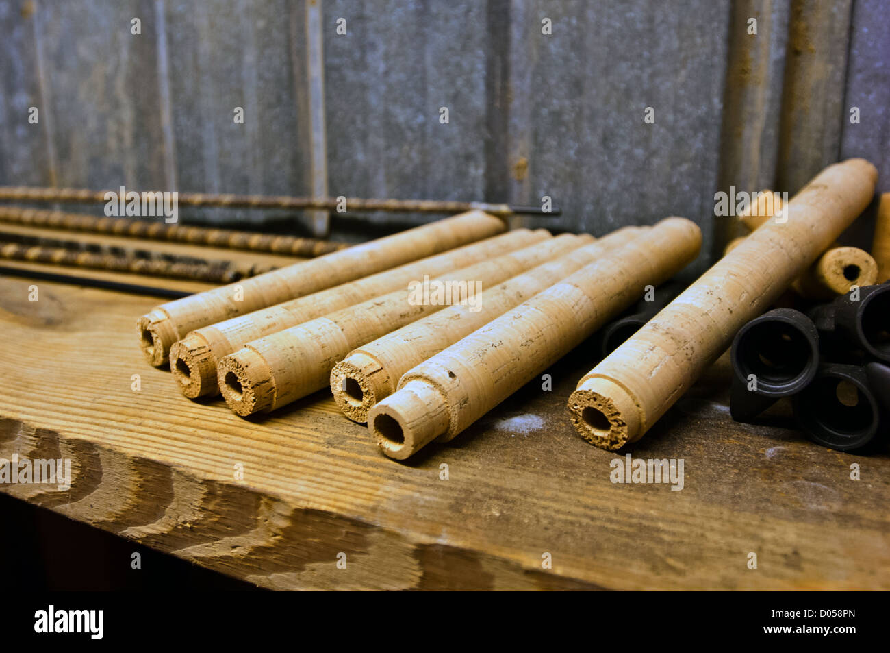 Cork fishing rod grips ready for sanding and assembly Stock Photo