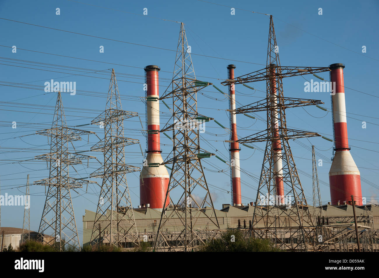 Electricity power station chimneys and cables energy plant Stock Photo