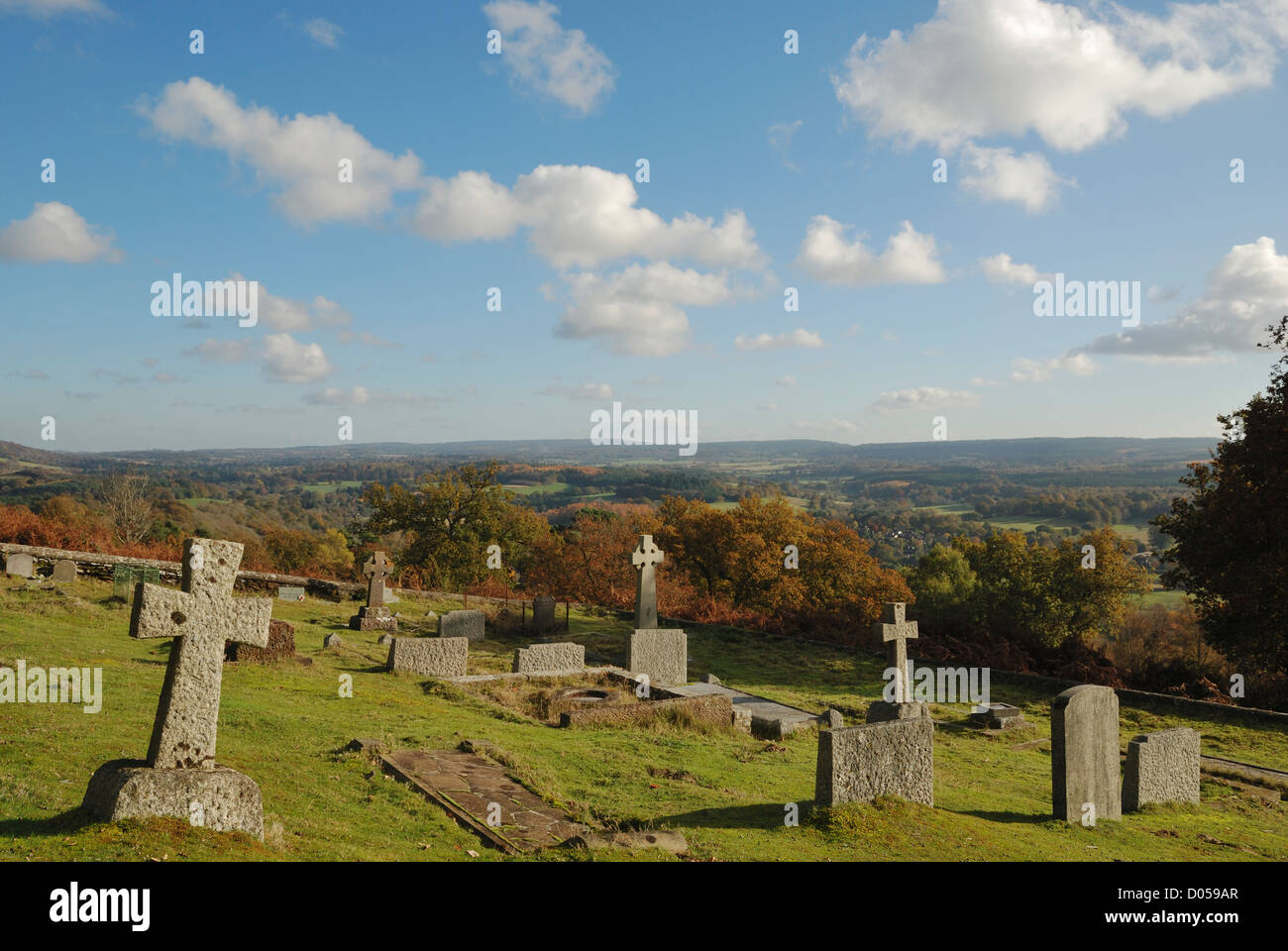 The cemetery at St Martha-on-the-Hill, Chilworth, Surrey, England Stock Photo