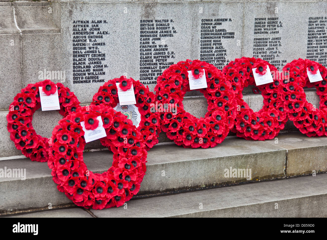 Poppy wreaths laid at the cenotaph in Centenary Park, Airdrie, North