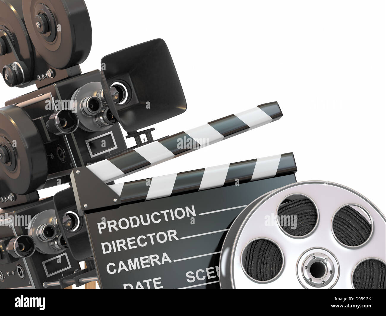 Movie composition. Vintage camera, reel and clapperboard. 3d Stock Photo -  Alamy