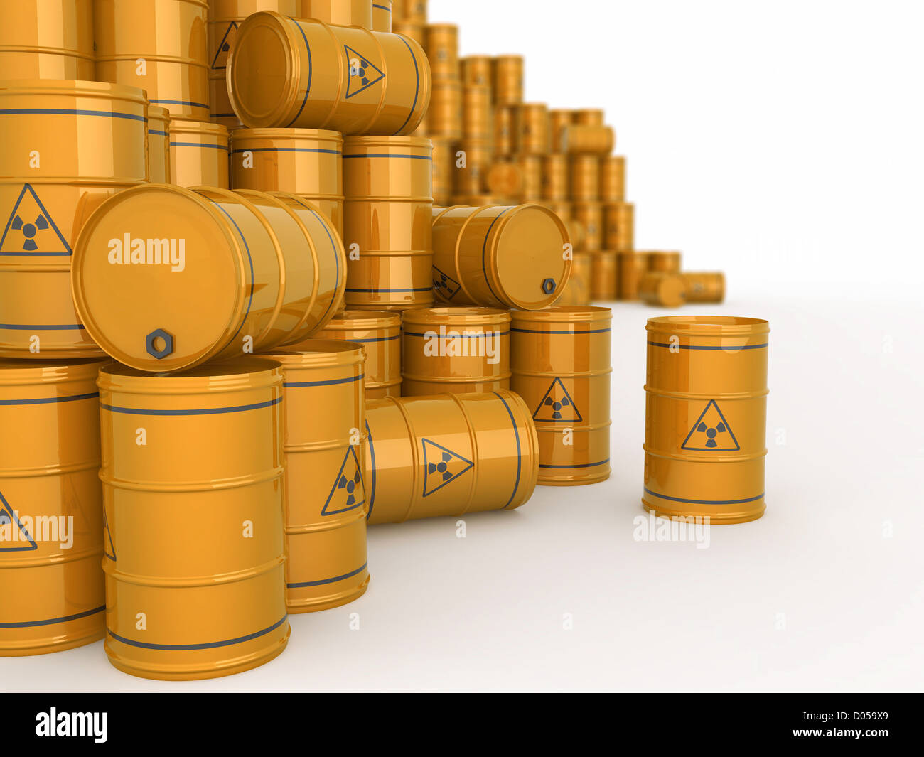 A barrels of radioactive waste on white background. 3d Stock Photo