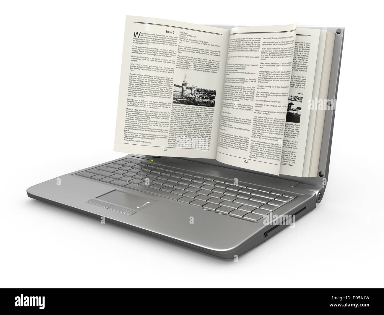 Book Computer Screen Picture E-learning. Laptop screen as book on white background. 3d Stock Photo ...