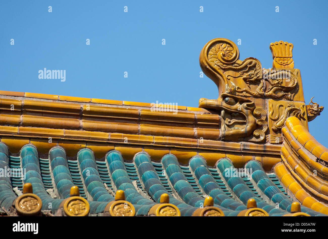 China, Beijing. The Great Wall of China at Juyongguan in the Jundu Mountains at Juyong Pass. Temple roof detail. Stock Photo