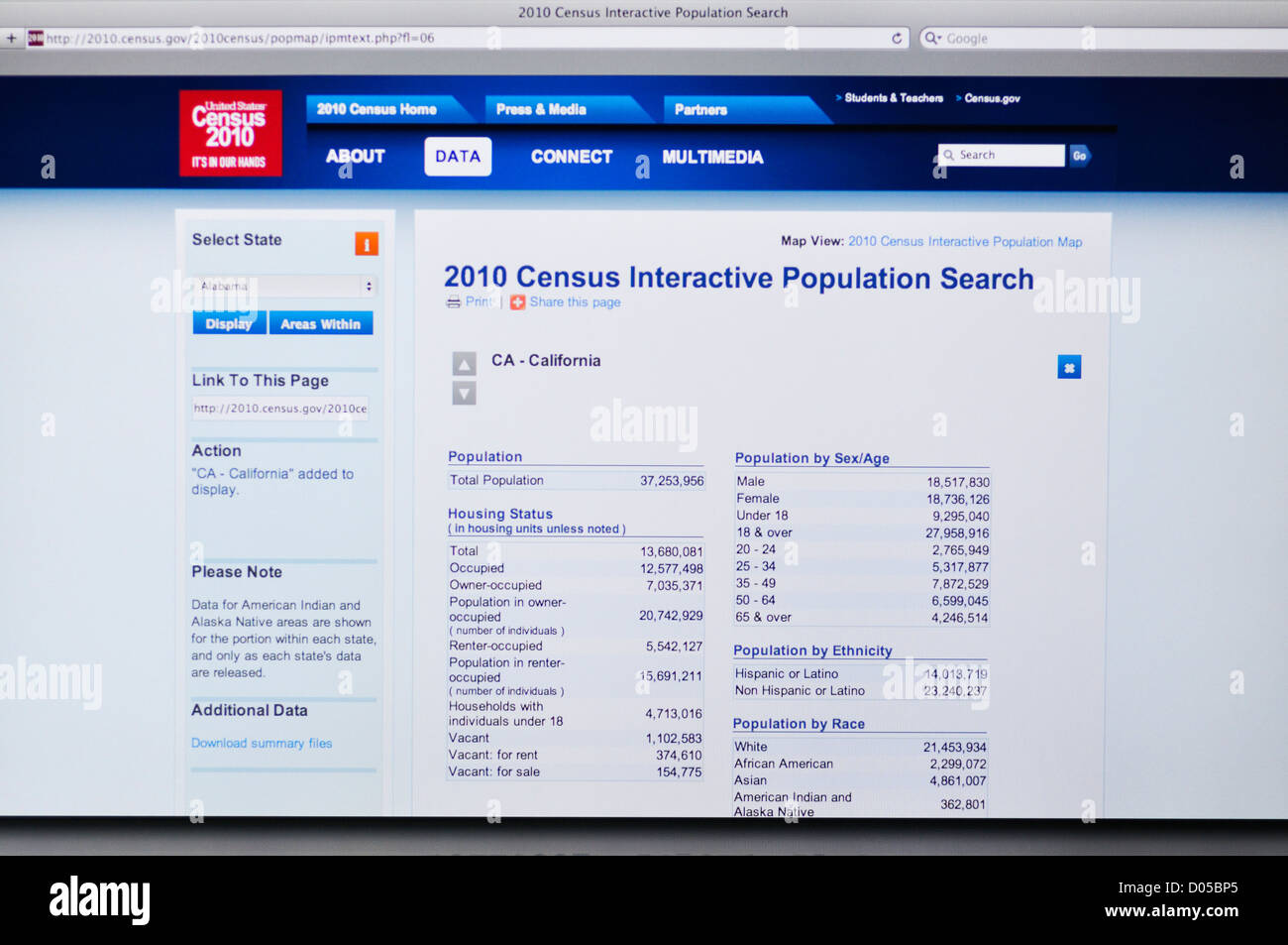United States 2010 Census interactive website Stock Photo
