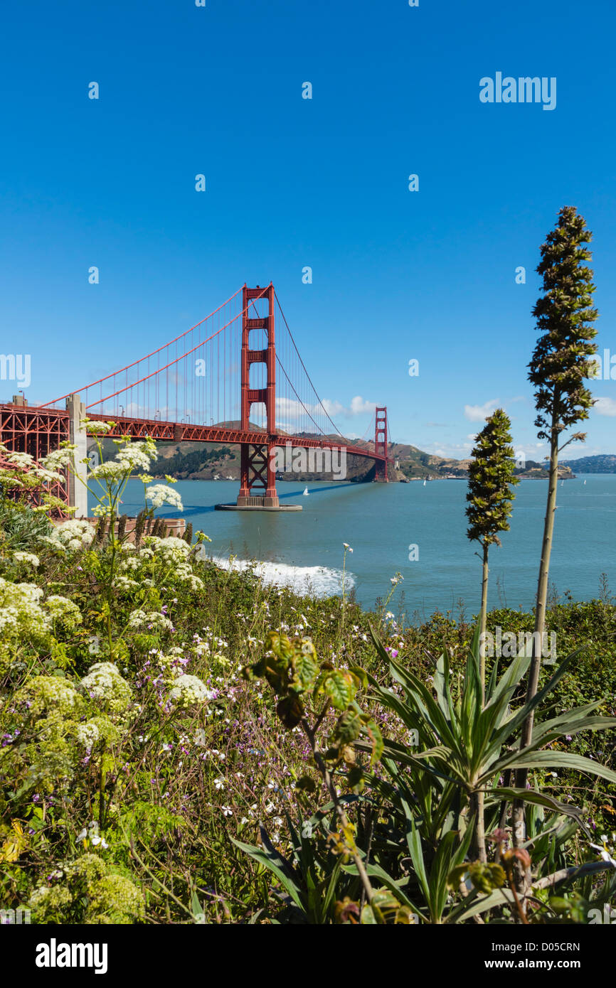 San Francisco - Golden Gate Bridge, from the south viewing area and visitor center. Gardens. Stock Photo