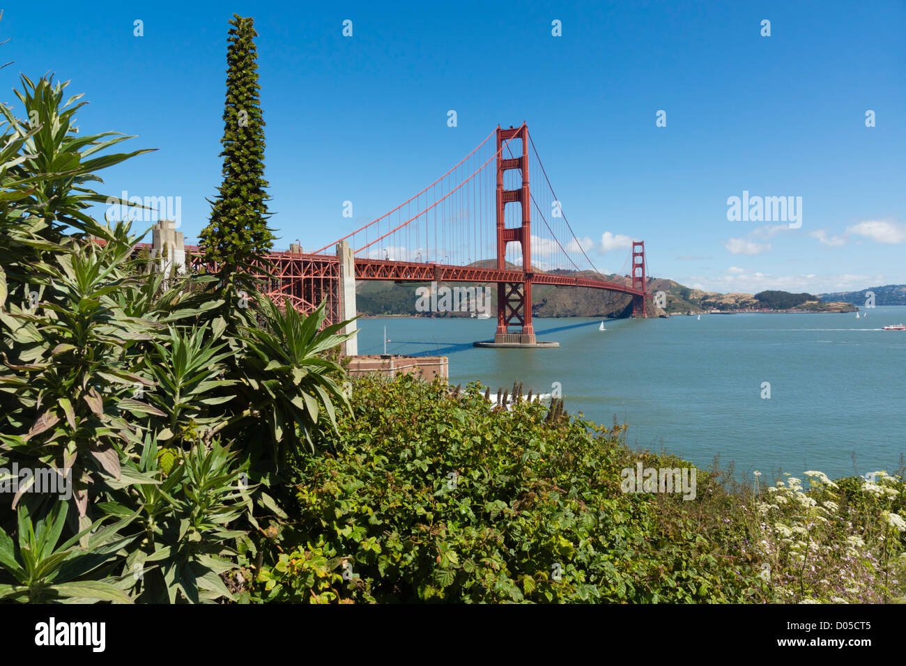 San Francisco - Golden Gate Bridge, from the south viewing area and visitor center. Gardens. Stock Photo