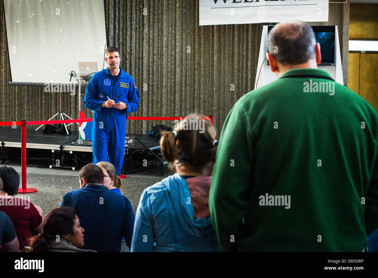 This is an image of space astronaut Jeremy Hansen talking at the Ontario Science Centre, Toronto, Canada Stock Photo