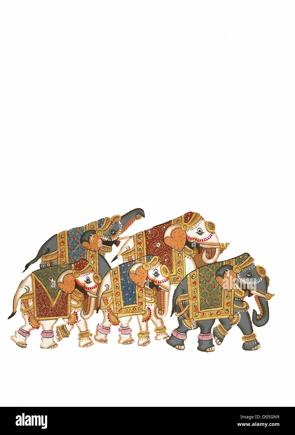 Caparisoned elephants on parade.Indian miniature painting Udaipur, India Stock Photo