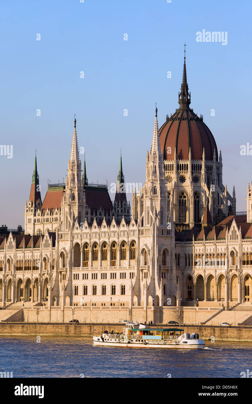 Hungarian Parliament Building Gothic Revival architecture by the Danube river in Budapest, Hungary. Stock Photo