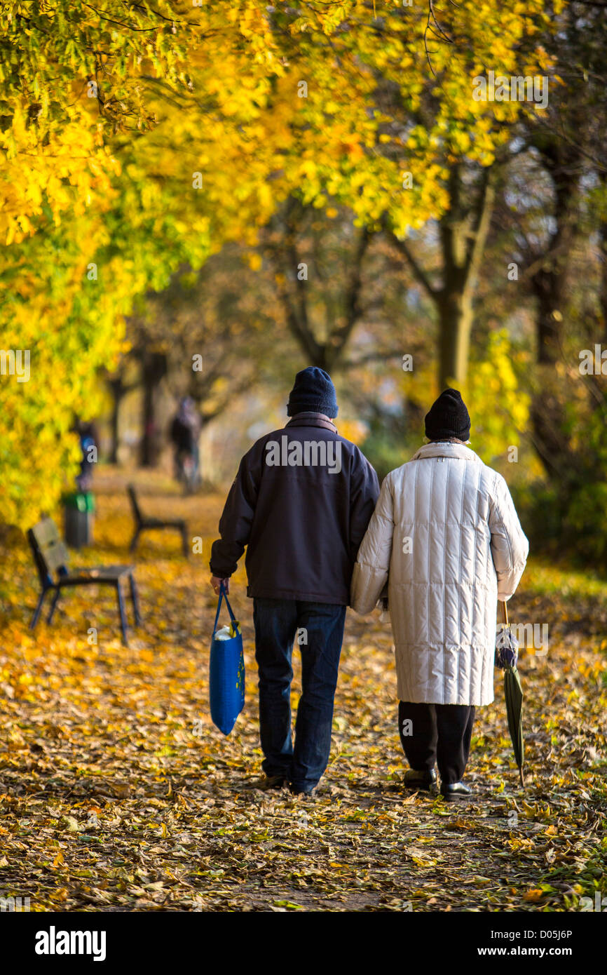 Two older people, seniors, retired, take a walk in fall, along a colored  forest Stock Photo - Alamy