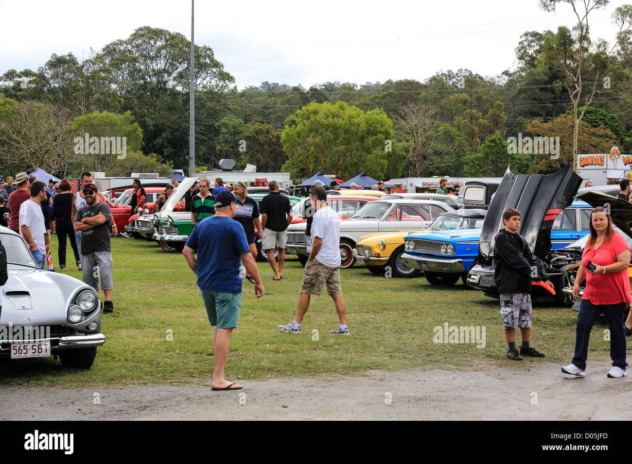 Rainy day car show on the Gold Coast held at the Mudgerabah show grounds featuring swap meets and static displays of cars Stock Photo