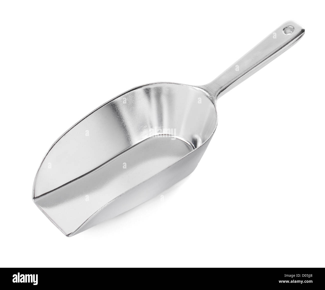 Aluminum transfer scoop used in cooking, isolated on white with natural
