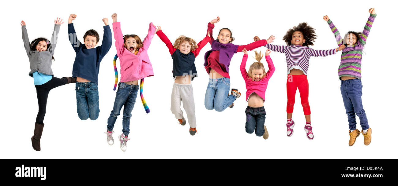 Group of children jumping isolated in white Stock Photo - Alamy
