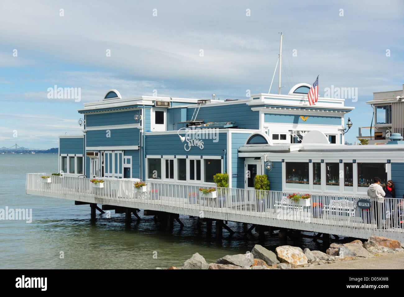 San Francisco - Sausalito district, north of the Golden Gate bridge. Scoma's waterfront restaurant. Stock Photo