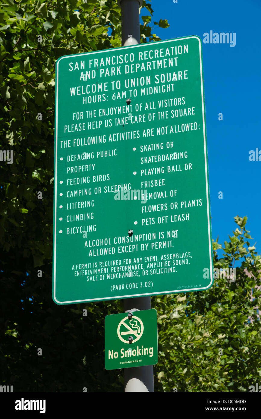 San Francisco - Union Square, park regulations. Stock Photo