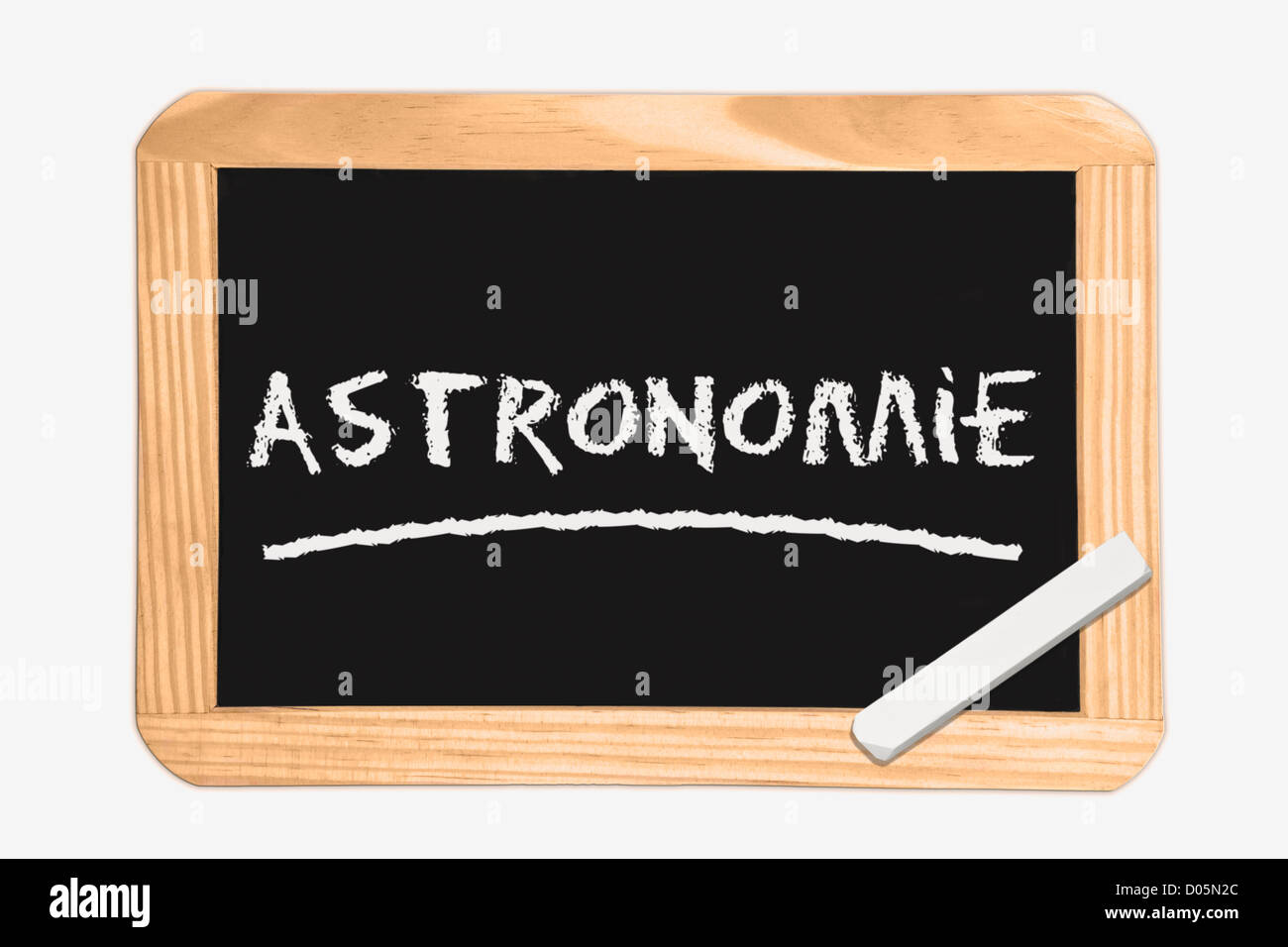 Detail photo of a Chalkboard with the German inscription astronomy, white chalk lies in a corner Stock Photo