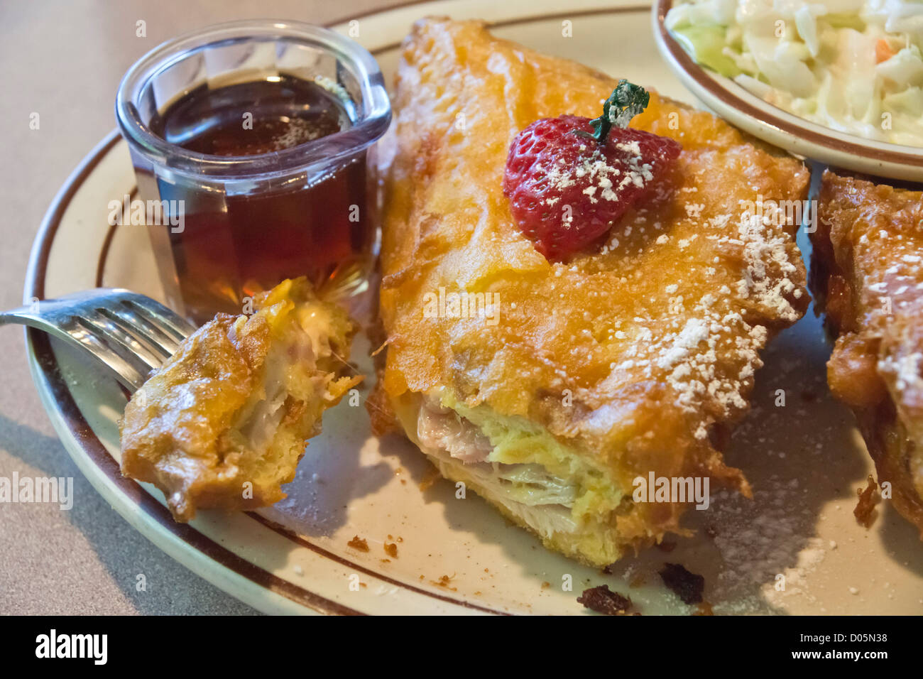 A deepfried, battered Monte Cristo sandwich served in California ham