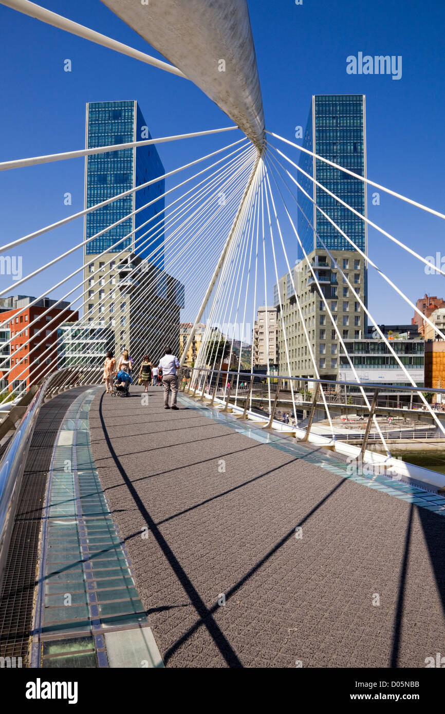 Santiago Calatrava footbridge and Arata Isozaki twin towers in Bilbao, Bask Country, Spain Stock Photo