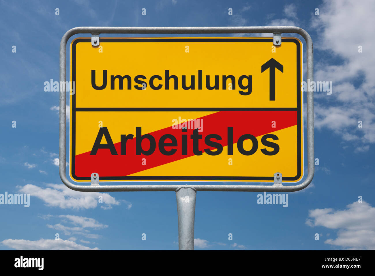 Town sign Germany, End of the town with the inscription end of jobless, beginning retraining Stock Photo