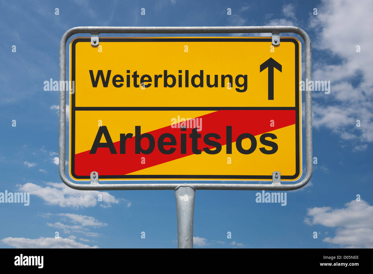 Town sign Germany, End of the town with the inscription end of jobless, beginning further training Stock Photo