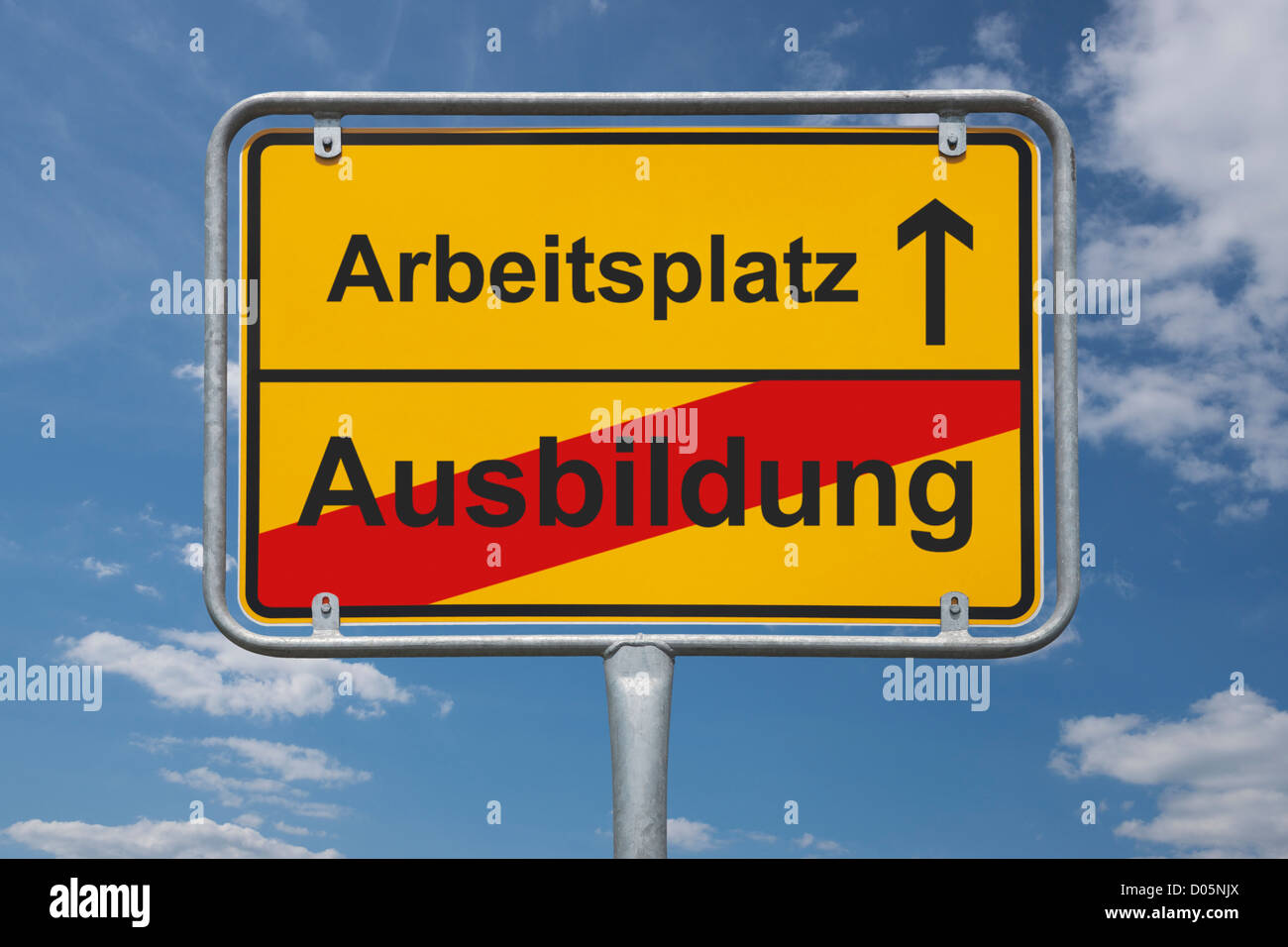 Town sign Germany, End of the town with the inscription end of schooling, beginning job Stock Photo