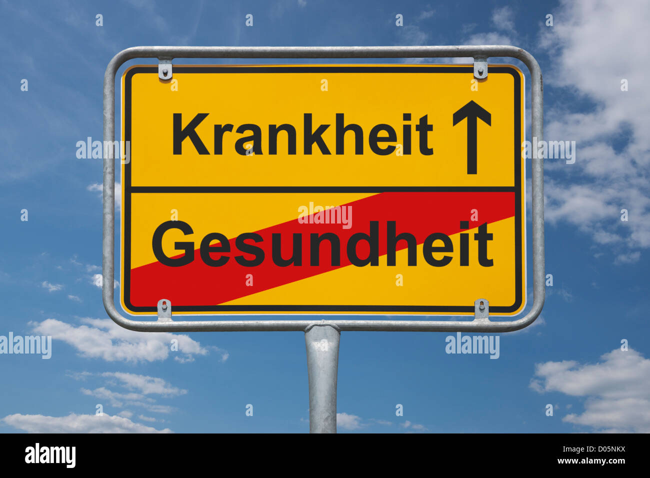 Town sign Germany, End of the town with the inscription end of health, beginning illness Stock Photo