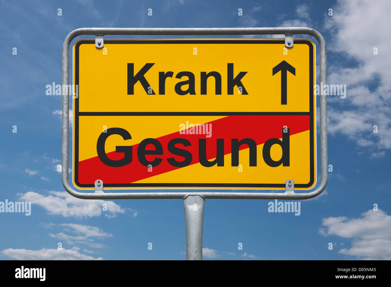 Town sign Germany, End of the town with the inscription end of health, beginning illness Stock Photo