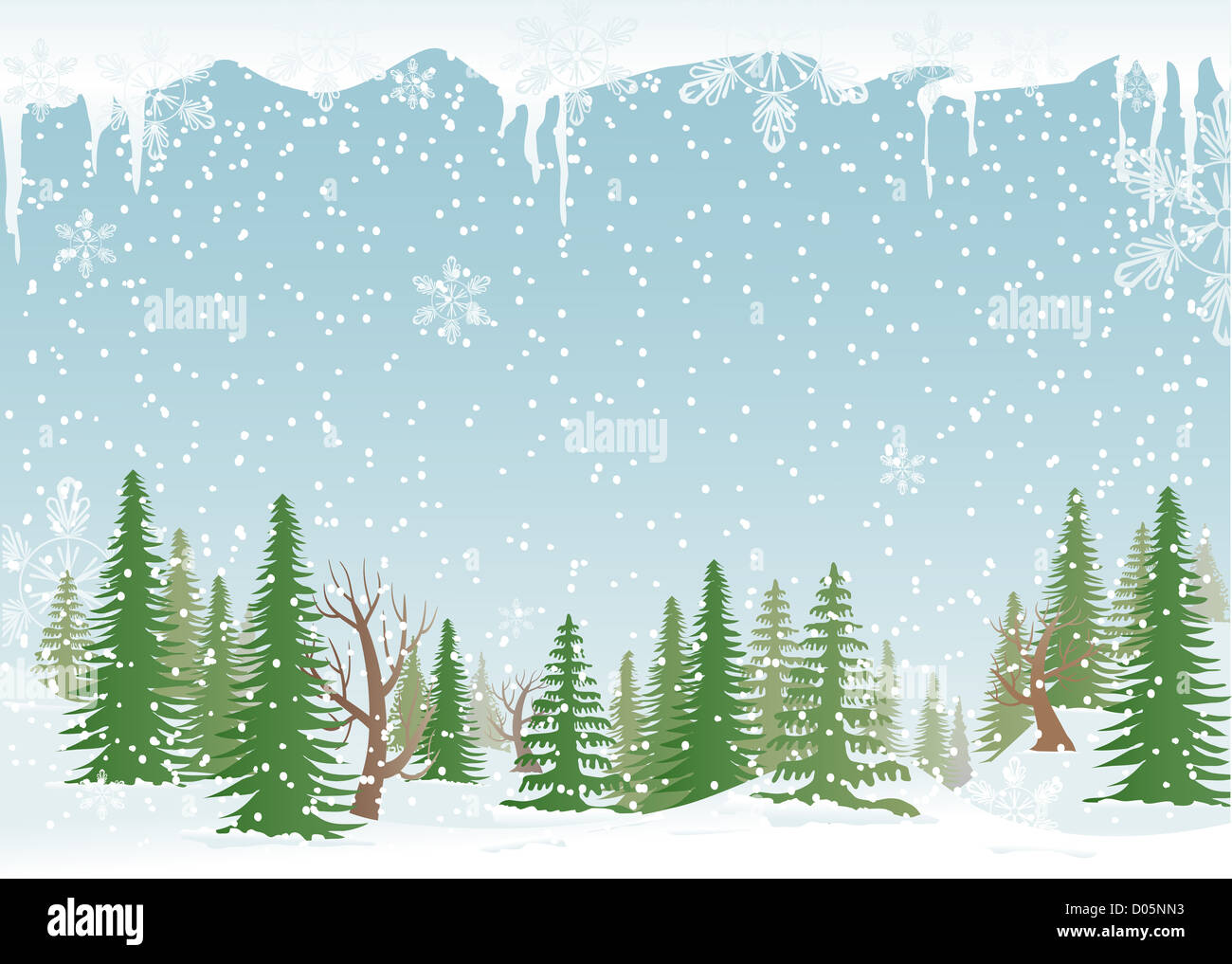 Green, snowy forest with fir-trees and snowflakes. Stock Photo