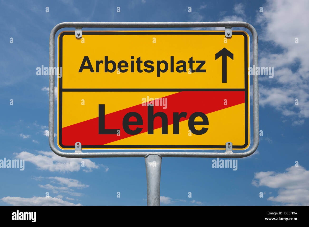 Town sign Germany, End of the town with the inscription end of apprenticeship, beginning job Stock Photo