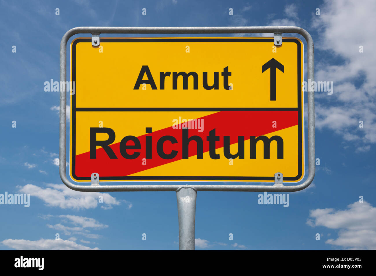 Town sign Germany, End of the town with the inscription end of richness, beginning poverty Stock Photo