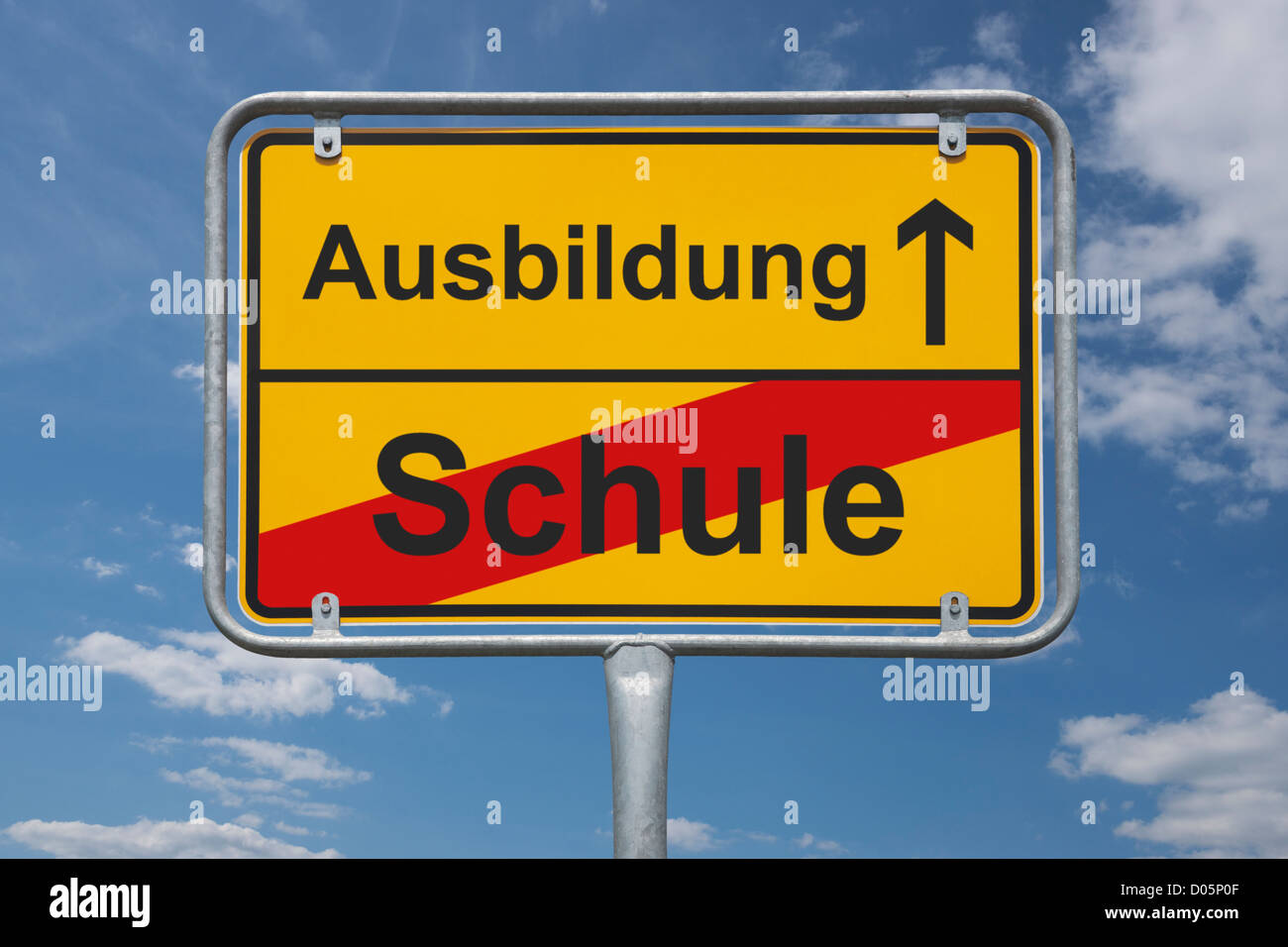 Town sign Germany, End of the town with the inscription end of school, beginning education Stock Photo