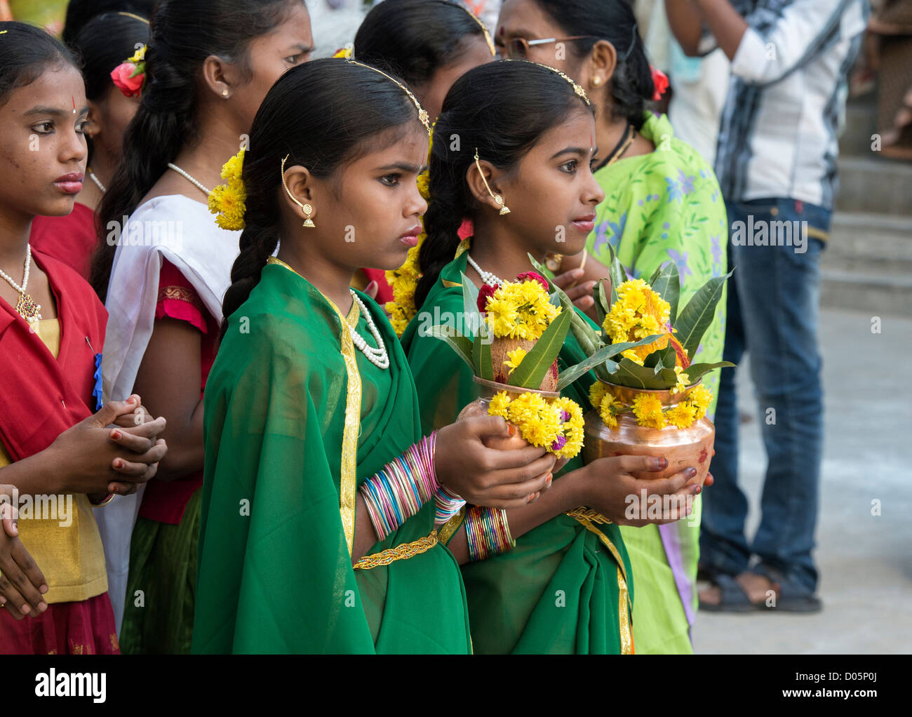 Indian children in traditional dress at a festival in the streets of Puttaparthi. Andhra Pradesh, India Stock Photo
