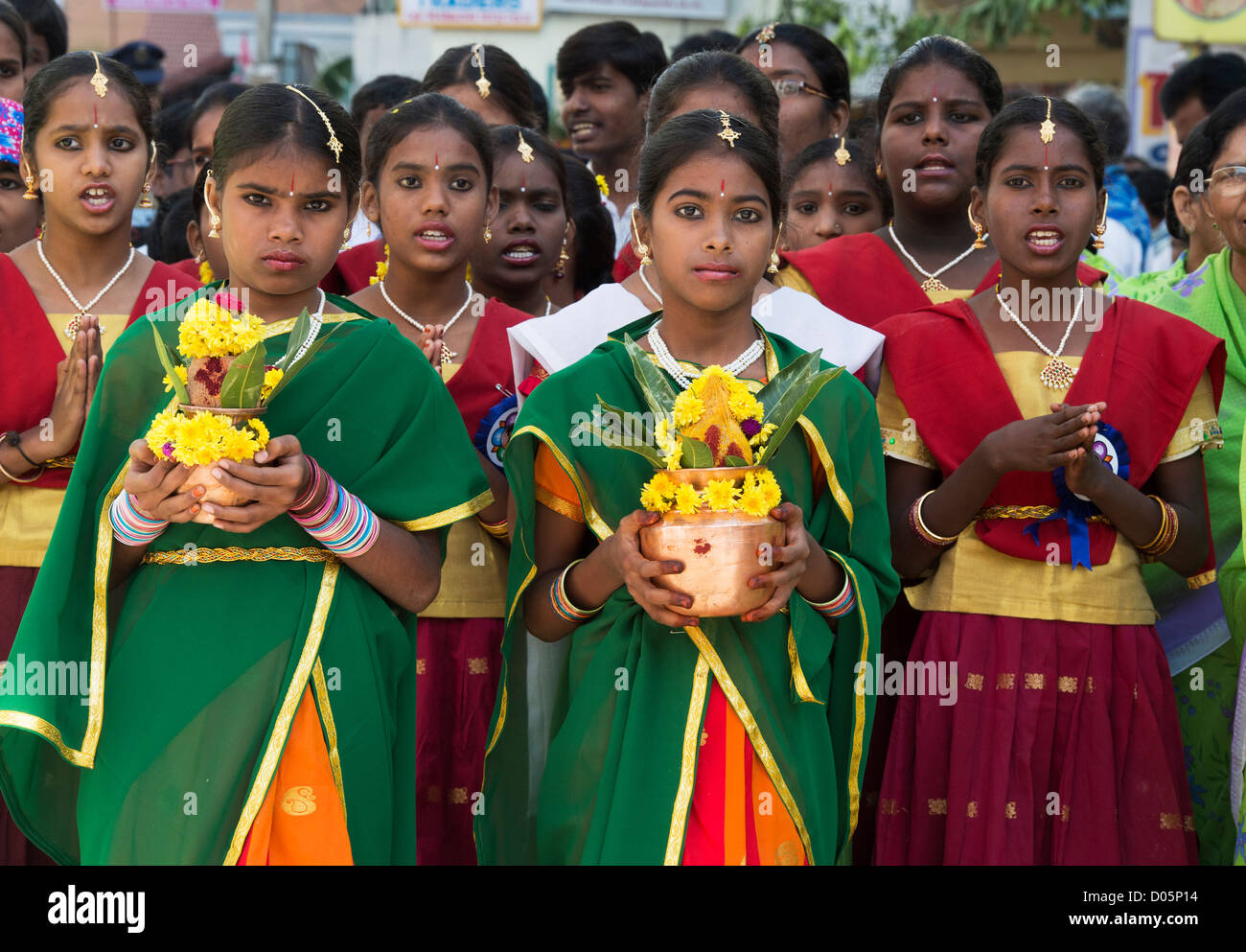 Indian children in traditional dress at a festival in the streets of Puttaparthi. Andhra Pradesh, India Stock Photo