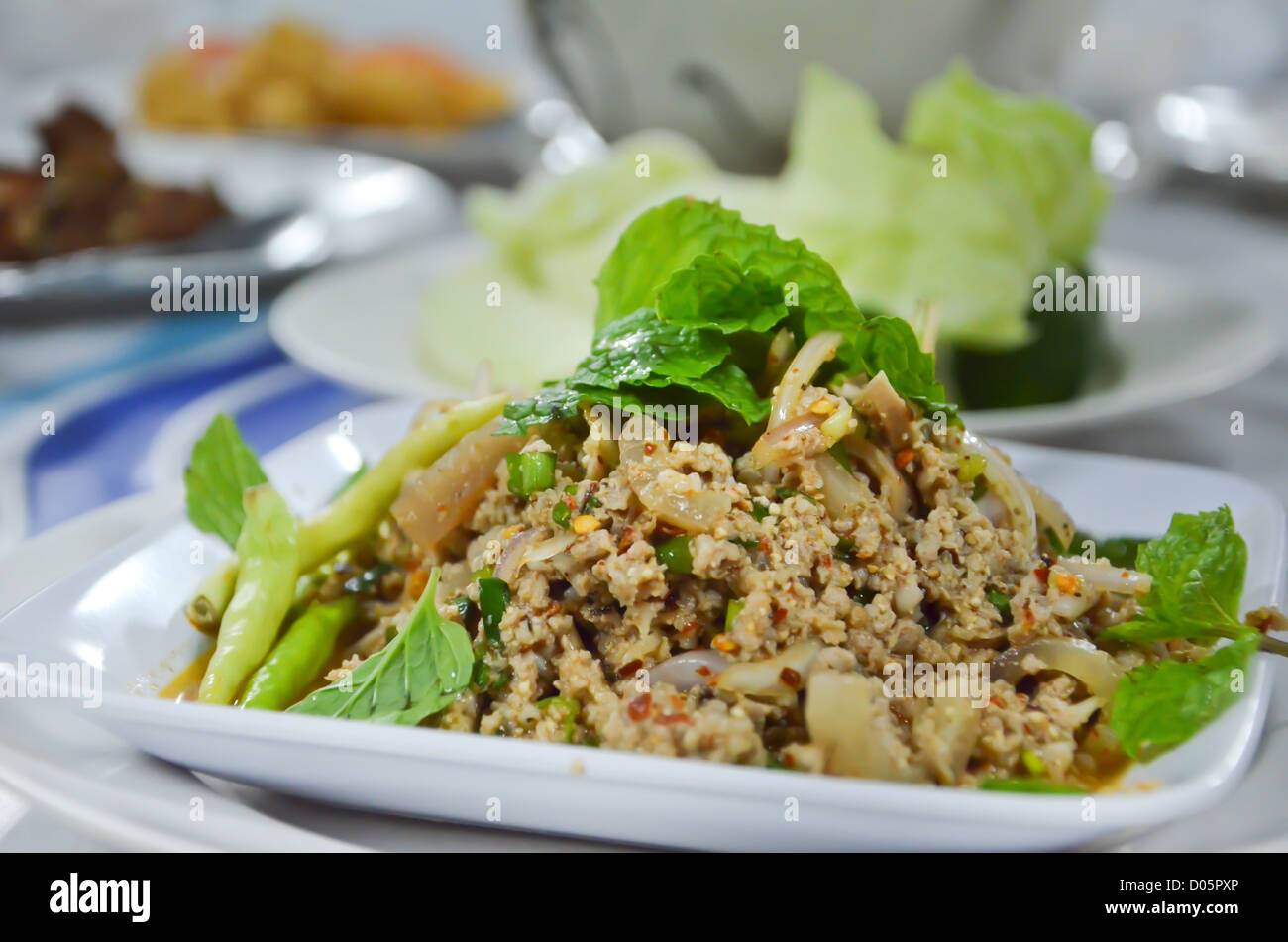 spicy minced pork served with vegetable Stock Photo