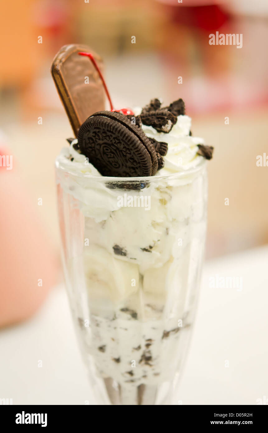 Vanilla ice cream in bowl with chocolate cookies , banana and cherry , Stock Photo